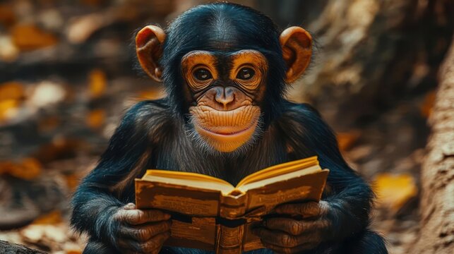 Fototapeta Cute chimpanzee reading a book in nature