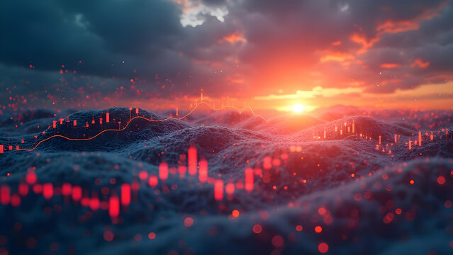 American Economic Intelligence: Virtual Analytics Overlaid on Stars and Stripes Against Twilight Sky