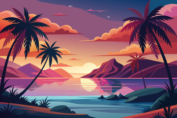 Tropical Sunset Paradise Vector – Palm Trees, Beach, and Tranquil Water Scene Illustration
