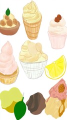 Collection of Diverse Ice Cream and Citrus Fruit Desserts in Various Dishes and Cones
