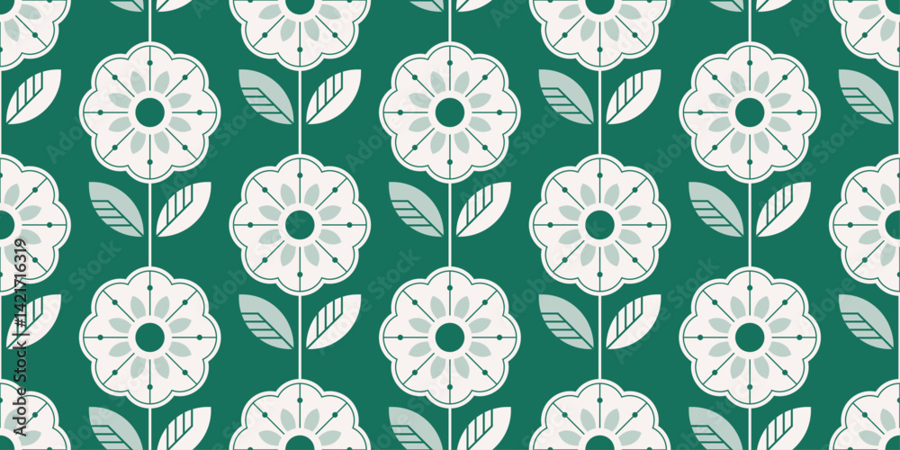 Leinwandbilder repeating pattern of stylized white flowers with green leaves on a deep green background. The flowers have a circular shape with a central circle and radiating lines.