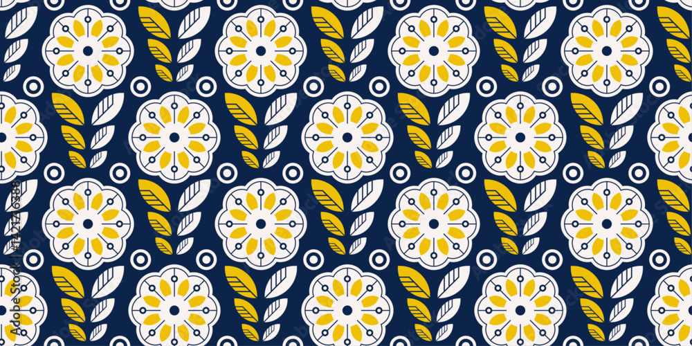 Poster the flowers are composed of white outlines filled with yellow, creating a vibrant contrast. each flo