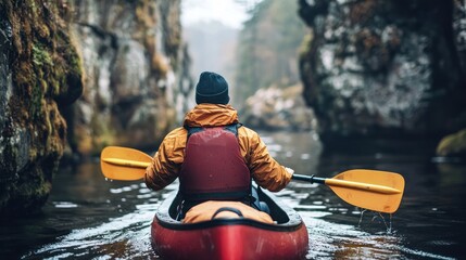 A solo canoeist navigating through a narrow waterway, skillfully using their paddle to maneuver around obstacles and maintain speed