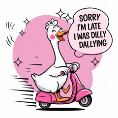 Animated goose riding a scooter with a playful expression  