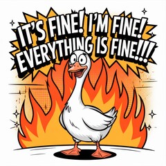 Cartoon goose expressing confidence amidst chaos in fiery background  