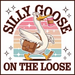 Silly goose walking with a bag and drink against a retro background  