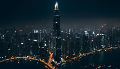 Fototapeta premium Night cityscape with a towering skyscraper