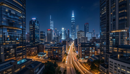 Obraz premium Night cityscape panorama; vibrant city skyline illuminated