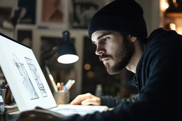 Creative process of a young artist working late at night in a cozy studio workspace