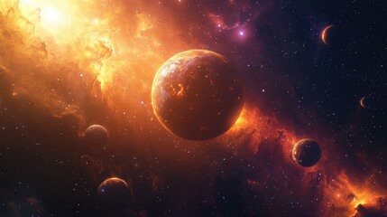 Stunning View of Colorful Cosmic Nebula with Vibrant Stars and Planets Surrounded by Enigmatic Galaxies in Deep Space