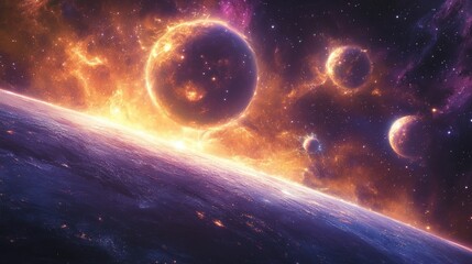 Obraz premium Stunning Cosmic Scene with Colorful Planets and Nebulae, Vibrant Galaxy with Celestial Bodies and Fiery Atmosphere in Deep Space