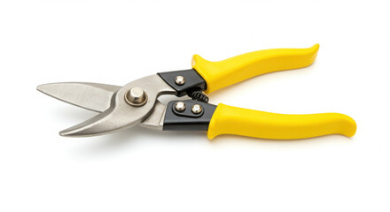 Obraz premium Yellow-handled garden shears with stainless steel blades on a white background 