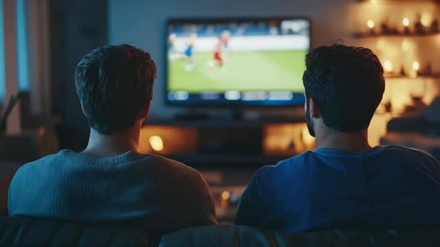 Two friends watching sport game on TV. Guys sit on sofa together, watch football, soccer, baseball, basketball. Cozy couch. Tense moment. Rear back view. People enjoy television show.