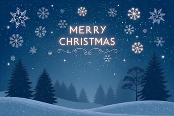 dark blue snowy background with glowing merry Christmas