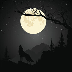 A wolf howling on a mountain under a starlit full moon sky , framed by dark pine trees and mountain ridges. A gnarled, bare tree branch stretches across the moon.