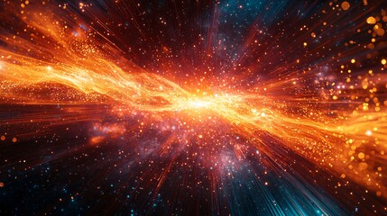 Bright explosion of light radiating energy and warmth against a dark background creating a celestial effect with cosmic fluidity and high-key light