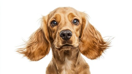 Fototapeta premium Golden Cocker Spaniel with soft, flowing ears, looking serenely at the camera against a white background.