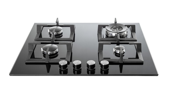 Modern four-burner gas stove with metal knobs. Transparent PNG background. Useful for kitchen design, home appliance presentation, gas cooking, culinary tools, and modern lifestyle visuals.