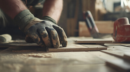Close-up of a Carpenter's Hand Working on Wood