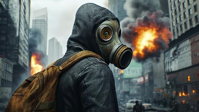 Person In Gas Mask Stands Amidst Burning Cityscape Under Smoke Filled Sky Depicting Urban Destruction