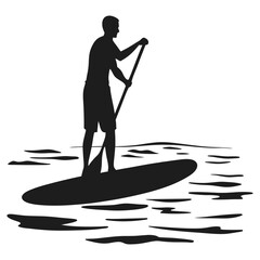 Silhouette of Man Paddle Boarding on Sea – Vector Beach Sport Scene with Palm Trees and Seagulls