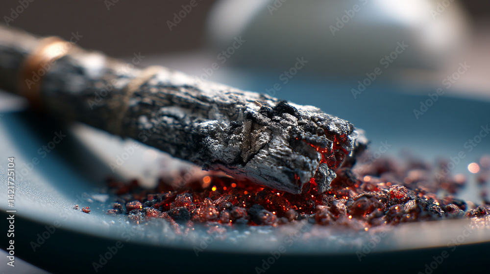 Poster close-up of burning wood ash and embers in a blue dish, showcasing texture and contrast of gray and 