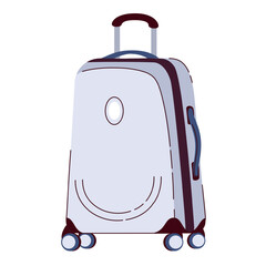 Grey suitcase with handle and wheels. Case box with blank tag of airport or hotel. Luggage, valise mascot, small suitcase for travel cartoon vector illustration