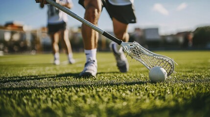 A close-up of a lacrosse stick in motion, the player skillfully passing the ball to a teammate while moving down the field