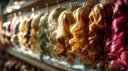 Colorful Hair Extensions and Wigs Displayed in a Beauty Salon Showcasing Various Styles and Textures for Hairstyling