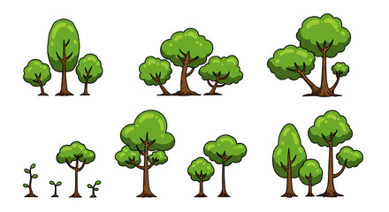 Cartoon Tree Illustrations Set of Diverse Green Trees in Various Sizes and Styles