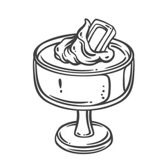 Chocolate mousse, French cartoon dessert. Portion of gourmet cream souffle in glass bowl with swirl and chocolate slice on top. Cuisine of France mascot, cartoon sweet food vector illustration
