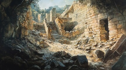 Stone ruins in mountainous terrain with an old stairway leading to stone building foundations under overcast sky