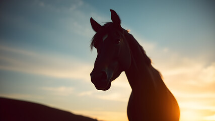 Silhouette of an icelandic horse agains morning sunrise sky, romantic horse portrait Generative AI