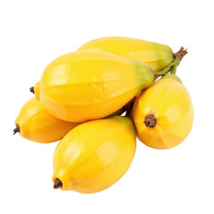 A vibrant bunch of ripe yellow bananas with a glossy texture and natural stem.