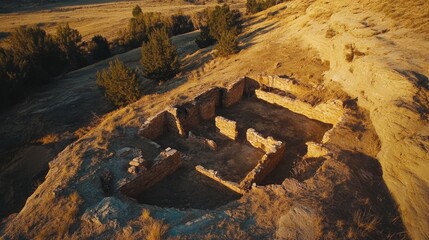 Ancient stone dwelling on a hill with sunset view, desert landscape, historical construction, architectural ruins