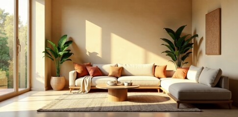 Fototapeta premium Serene Living Room with Sunlight Streaming Through Large Window, Modern Sectional Sofa, and Warm Earth Tones