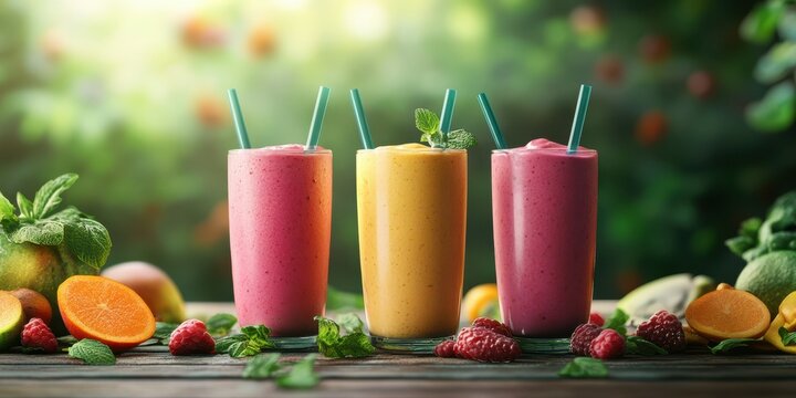 Colorful fruit smoothies displayed on a wooden table surrounded by fresh fruits in a sunny outdoor setting - Powered by Adobe