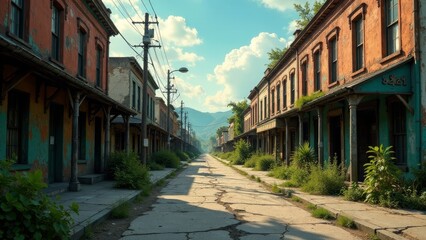 Obraz premium A sun-drenched street lined with aged, weathered buildings, showing the passage of time and nature's quiet reclamation.