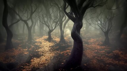Dense forest with gnarled trees, golden fallen leaves, thick mist creating ethereal atmosphere. Curved tree trunks silhouetted against foggy background. Soft light filtering through branches. - Powered by Adobe