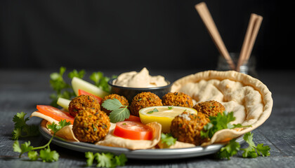 Fresh vegetarian falafel served with hummus,pita bread and fresh vegetables, Paper Cutout style. White tone