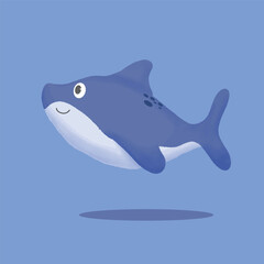 cartoon-style illustration of a blue shark. The shark has a rounded, friendly appearance with a smiling face and large