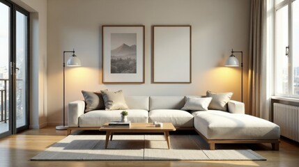 Serene living room interior design with a neutral color palette, featuring a comfortable sectional sofa, warm floor lighting, and minimalist framed artwork.