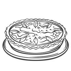 Quiche Lorraine, French recipe of savory pie outline. Hand Drawn plate of tart with baked pastry crust, bacon ham, egg and cream filling. Cuisine of France mascot, classic quiche vector illustration