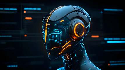 Futuristic Robot Head with Glowing Circuits and Digital Interface