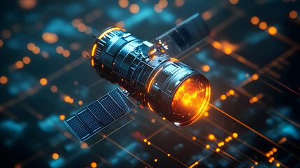 Futuristic Satellite in Cyberspace: Glowing Orange and Blue Digital Spacecraft