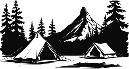 Black And White Camping Illustration With Tents Mountains And Trees