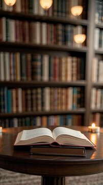Open book on wooden table with candles, vintage library bookshelves in soft warm light, classic reading environment with blurred background of multiple book spines