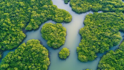 Lush mangrove forest with winding waterways.  Dense, vibrant greenery fills the landscape, with interconnected channels snaking through the foliage.  A tranquil, protected ecosystem