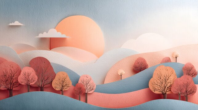 Pastel landscape with rolling hills and trees, paper art style, soft sunset.