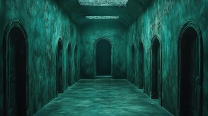 Spooky, teal-toned corridor with numerous doors.  Dimly lit, aged, and mysterious